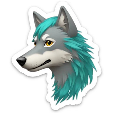 Grey wolf head with a star tatoo over his right eye, he have a turquoise glamrock mullet haircut sticker