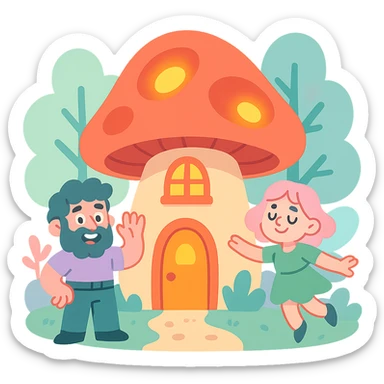 mushroom-shaped house with glowing lights, forest fairy tale vibe, pastel-toon style sticker
