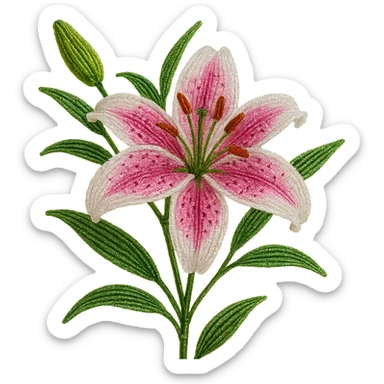 french beaded stargazer lily, floral craft, sparkling glass beads, pink and white gradient petals, green foliage, realistic, elegant, no background sticker