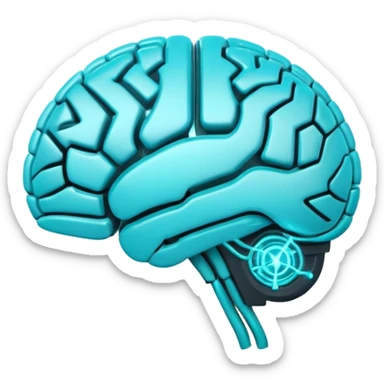 Futuristic neural brain badge icon, minimal glowing brain outline with neon cyan neural lines, small electric spark detail, circular game emblem, sci-fi web3 style, dark background, 3D polished game asset, sharp and high detail, centered composition sticker