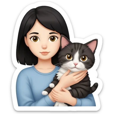 Medium-length black-haired girl holding a haired tabby cat sticker