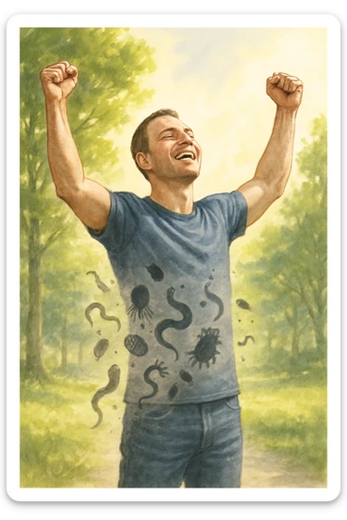 realistic vertical editorial illustration of a man standing outdoors with arms raised in victory, faint shadowy silhouettes of parasites falling away from his body and dissolving into the air, bright natural background with green trees and sunlight, emphasizing liberation and restored health sticker