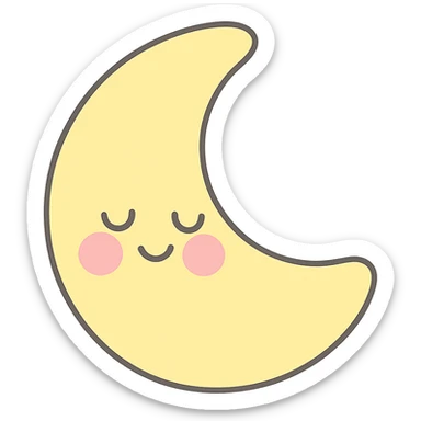 kawaii sleepy yellow crescent moon, gentle smile, blushing cheeks, soft pastel colors, no limbs, full body, soft pastel kawaii style sticker