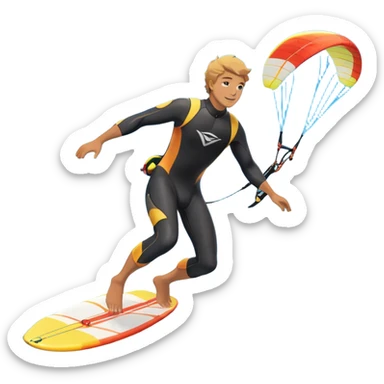An athlete in a wetsuit, gliding above the waves on a kiteboard, holding onto a paraglider in the sky. The backdrop features a vibrant blue sky and rolling ocean waves, capturing the thrill and skill of the sport with a sense of freedom and adventure. sticker