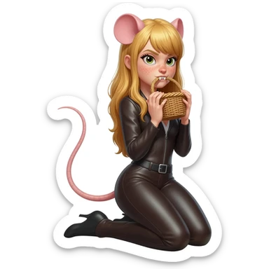 pretty woman with rat tail and rat ears have blond long hair and freckles. she is on her knees and hands and holding the wicker in her teeth. she is dressed in a leather-fitted suit sticker