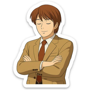 Create an exact Light Yagami in Ghibli style, standing with arms crossed and eyes closed. Keep the same suit, pose, confident expression, and all facial, hair, and suit details exactly as in the reference image. Transparent background. sticker