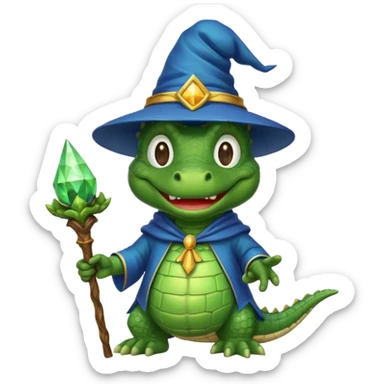 happy alligator wizard, smiling, wizard hat, staff sticker
