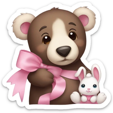 dark brown cute grisley bear cuddling a cute bunny with a pink bow sticker