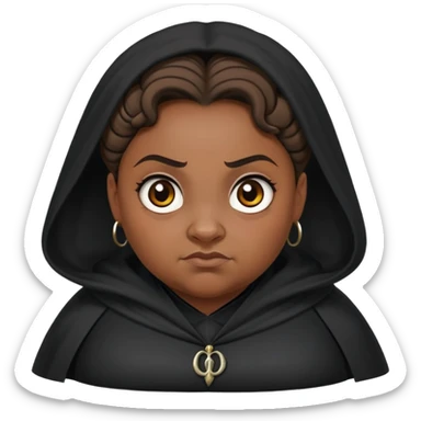 Alecto Carrow in harry potter, a woman fat, brown knot bun hair, look evil, black cloak sticker