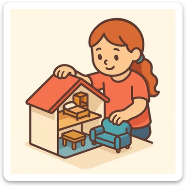 smiling girl arranging furniture in doll house sticker
