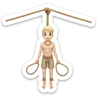 A man with a rope tied by his neck hanging, dead eyes, full body hanging, no other ropes  sticker