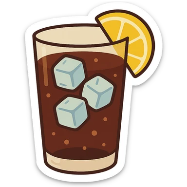 flat toon glass of cola with 3 ice cubes and a wedge of lemon sticker