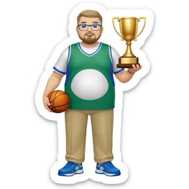 full body white obese male basketball coach with trophy. Goatee , Wearing glasses and blue and green polio with khaki pants sticker