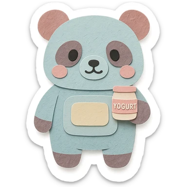cute panda-shaped yogurt maker holding a tiny yogurt cup, pastel colors, full-body sticker