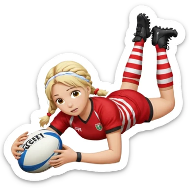 Emoji estilo iPhone de Chica de pelo rubio tirada en el suelo boca abajo agarrando un balón DE RUGBY con las manos vestida con una equipación de color rojo y blanco con líneas, manchada de barro y con unas botas de tacos de fútbol y el pelo con trenzas, se la tienen que ver las 2 piernas  sticker