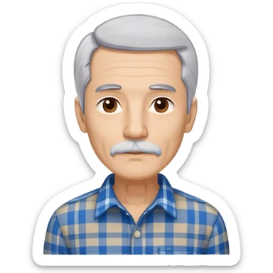 Thin older Hispanic man with light complexion. Elongated slim face with wise expression. Relaxed brown eyes. Straight fine gray-white hair with soft fringe. White mustache connected to chin beard. Lean physique. Wearing a beige and blue plaid long-sleeved shirt. sticker