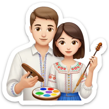 a guy in a white Ukrainian embroidered shirt and a girl in a white Ukrainian embroidered shirt, holding music and a paint palette sticker