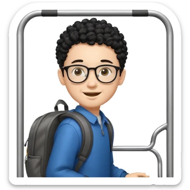 A young boy DEVELOPER WITH A backpack, black curly short hair, wearing glasses, a thin goatee, his skin is white, riding a bus sticker