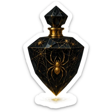 very luxurious black crystal elixir bottle with lots of shine, facets, ornaments, decorated with spiders and spider webs, golden details, magical effects, very small golden neck, transparent background, beautiful merging base, clearly floating in the air, no base or shadow, premium class, matching a collection sticker