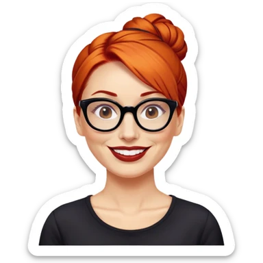 nữ 40 tuổi, da trắng,môi đỏ thẫm, tóc búi gọn gàng màu cam, đeo kính đen, mặt cười tươi, hơi có nếp nhăn, áo đen sticker