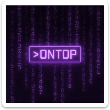 A seamless animated loop of a neon purple cyberpunk banner with glowing text that says ">ONTOP", centered in a rectangular box. The background features scrolling katakana and alphanumeric characters falling like digital rain (Matrix-style), with subtle screen glitches and pulsing light effects. The entire animation should have a moody, futuristic vibe, with soft purple glows and ambient flickers that bring the design to life. Format: 680x240px, looped animation, ideal for a Discord banner. sticker