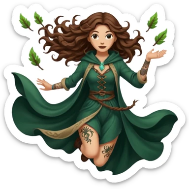 forest mage woman long wavy brown hair tattoos drawing symbol mid-air sticker