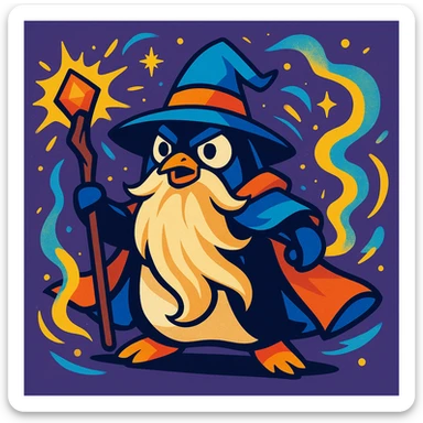 a heroic penguin wizard with a long beard, staff, and magical aura, in a bold, dynamic style, vibrant toon illustration sticker