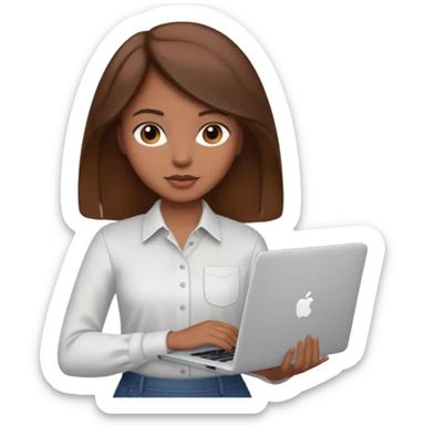 memoji of a brown hair female with a grey laptop in front, apple-style, modern sticker