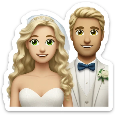 Bride with long wavy lose brown hair and green eyes and blonde groom with blue eyes  sticker