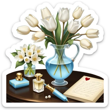 A luxurious still life featuring an ornate glass perfume bottle with a golden atomizer, a handwritten love letter, and a bouquet of white magnolias and pale blue tulips, with a pearl ribbon cascading over the table.
 sticker