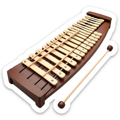 Create a detailed and professional emoji representing a Fleet FLT-SX37 orchestral long wooden xylophone. The design should showcase the large, wooden bars of the xylophone arranged in a traditional layout, with a polished, smooth finish. The bars should be dark brown or mahogany, with soft metallic reflections on the resonators underneath. Include two mallets with rubber or wooden heads resting on the bars, emphasizing their role in striking the notes. The xylophone should have a sophisticated and professional appearance, with clean lines and a polished look. Add subtle musical notes or sound waves to represent the vibrant sound produced by the instrument. The background should be transparent. sticker