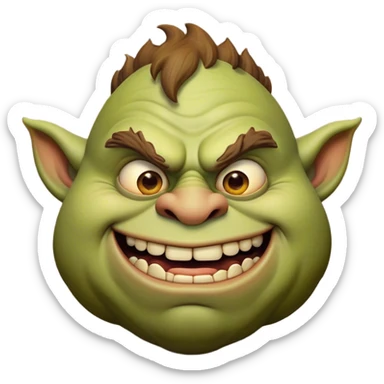 Cinematic Comical Ogre Portrait Emoji, with a strikingly exaggerated, bulky figure in vivid earthy greens and browns, head tilted in a dramatically surprised expression with wide, comically bulging eyes and a goofy, oversized grin, simplified yet hilariously exaggerated, highly detailed with a soft, cartoonish glowing outline capturing the playful absurdity of a meme-worthy ogre! sticker