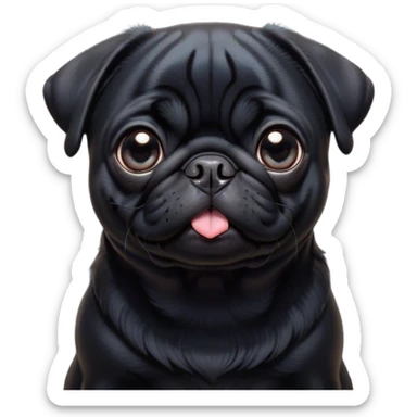 Cinematic Cute Black Pug Portrait Emoji, Head tilted playfully and inquisitively, featuring a glossy black coat with a smooth finish, round, sparkling dark eyes filled with curiosity, Simplified yet irresistibly adorable features, highly detailed, glowing with a warm, friendly glow, high shine, affectionate and lively, stylized with a touch of whimsy, bright and endearing, soft glowing outline, capturing the essence of a mischievous yet loving pup, so playful it feels like it could bounce out of the screen and into your arms! sticker