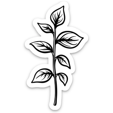 Fresh basil herb with detailed leaves on stems, botanical illustration sticker