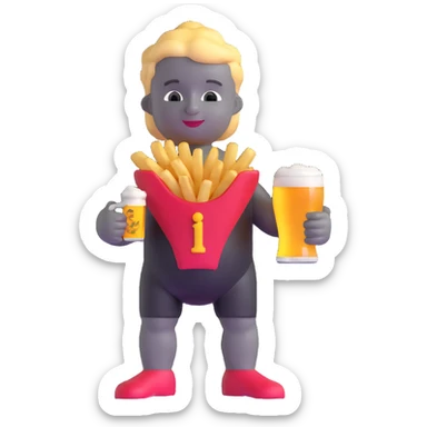 Belgian Manneken Pis statue holding a beer in one hand and fries in the other, playful expression sticker