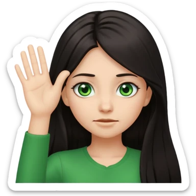 Animated girl dark long hair green eyes emoji with duh facial expression ,one hand on top of her head sticker