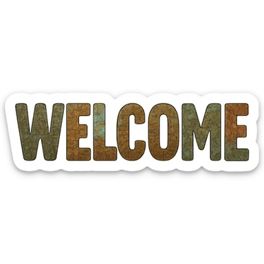 The word 'WELCOME' written in bold letters, each letter filled with a mix of snake, crocodile, and chameleon skin patterns, each letter a different pattern. sticker