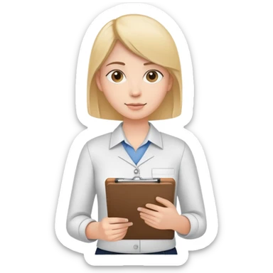 intern or volunteer holding a clipboard and pencil, ready to take notes or assist. The character wears a simple shirt and has an eager posture sticker