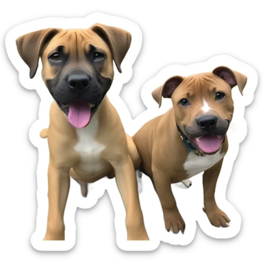 Black mouth cur puppy next to black and white smiling pit bull sticker