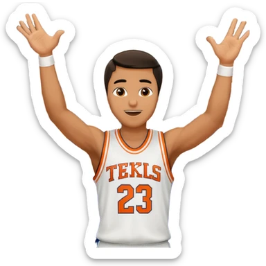 Maverick Trevillian in the crowd at an amateur basketball game. He leans towards the camera and enthusiastically shouts "six seven while performing a distinctive hand gesture: both hands open, palms facing upward, moving up and down as if weighing two options. sticker