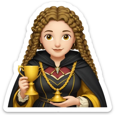 Helga Hufflepuff, 2 curly thick brown braids, yellow-black medieval dress, black cloak decorated with gold braiding, tiny two-handled shiny yellow-gold cup, very kind smile, curvy busty sweet woman, thick rosy cheeks sticker
