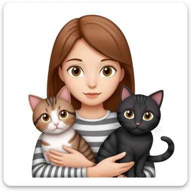 Tan brown-haired girl holding three cats, one black cat, one grey cat, and one grey-striped cat sticker