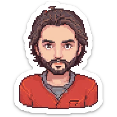 Recep İvedik wearing his signature red shirt, thick eyebrows, and beard, pixel art style sticker