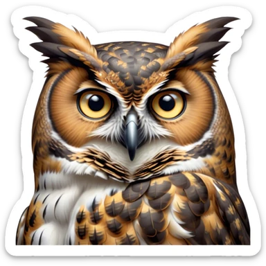 Cinematic Noble Great Horned Owl Portrait Emoji, Poised and regal, with a commanding, broad build and a richly mottled plumage of grays, whites, and subtle browns, deep-set soulful golden eyes, Simplified yet sharp and sophisticated features, highly detailed, glowing with a soft, dignified glow, high shine, intelligent and enigmatic, stylized with an air of nocturnal majesty, focused and attentive, soft glowing outline, capturing the essence of a watchful and confident raptor, so majestic it feels as though it could silently swoop out of the screen with effortless authority! sticker