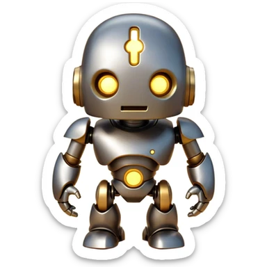 Cinematic Cute Mighty Iron Golem Portrait Emoji Head tilted playfully and inquisitively, featuring a sleek yet sturdy metal form with smooth, polished steel plating and glowing golden engravings, accented by faintly humming energy veins that pulse with life; rendered with lifelike clarity and soft, natural reflections, high shine, charming yet robust, styled with a touch of whimsical fantasy, soft glowing outline, capturing the essence of a watchful yet endearing golem, as if it might shift its massive head with a slow, thoughtful nod at any moment! sticker
