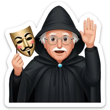 Bernie sanders in a black cloak taking off a guy fawkes mask a sticker