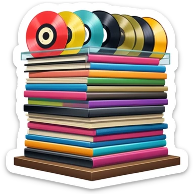 Icon for Vinyl Record Collecting: a shelf filled with a colorful assortment of vinyl records neatly stacked. The icon should evoke the love for collecting diverse vinyl records without including a record player. Transparent background. sticker