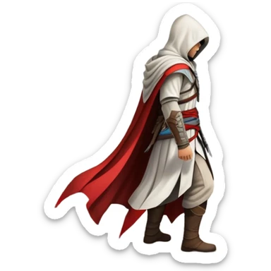 An icon representing an adventure game, inspired by Assassin's Creed. The design features a heroic character in hooded attire, scaling a tall building in a historical cityscape. The background shows ancient architecture and hidden symbols, symbolizing exploration and stealth. Transparent background sticker