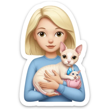 A white girl with blonde hair is holding a white Sphynx cat in her arms sticker