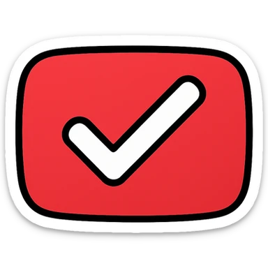 YouTube-themed tick mark with rounded edges, red background and white check, digital icon style sticker